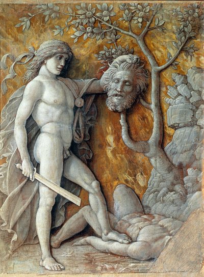 ダビデがゴリアテの首を持つ絵 アンドレア・マンテーニャ（1431-1506）作 1490 Sun.36x48.5 cm ウィーン、美術史博物館 作： Andrea Mantegna