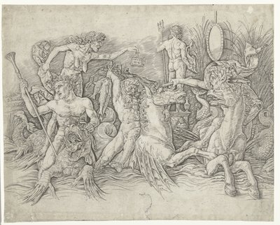 海馬に乗ったサテュロスと竜の背に立つ老婆の戦い 海神の戦い 作： Andrea Mantegna