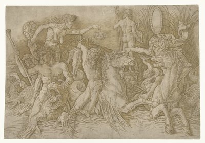 海馬に乗ったサテュロスと竜の背に立つ老婆の戦い 海神の戦い 作： Andrea Mantegna