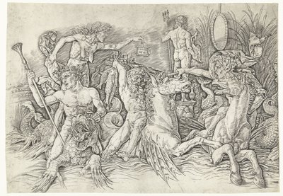 海馬に乗ったサテュロスと竜の背に立つ老婆の戦い 海神の戦い 作： Andrea Mantegna