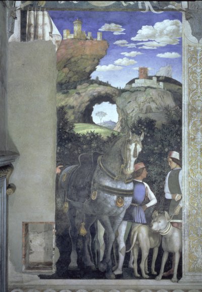 Camera degli SposiまたはCamera Pictaの、狩猟犬を連れた馬と花婿、78449のフレスコ画1465-74 作： Andrea Mantegna