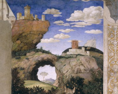 Camera degli SposiまたはCamera Picta、1465-74（屋外）の城のある風景 作： Andrea Mantegna