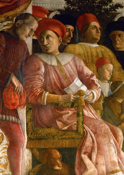 ロドヴィコ・ゴンザーガ、ブランデンブルク家の妻バルバラ、家族、廷臣たち（フレスコ画） 作： Andrea Mantegna