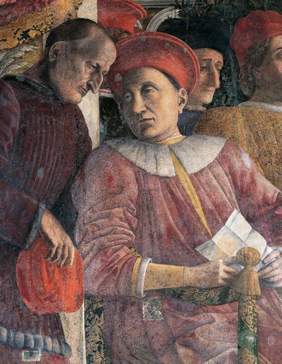 ルドヴィコ・ゴンザーガと顧問弁護士マルシリオ・アンドレアージ、アンドレア・マンテーニャ（1431-1606）作の宮廷壁の細部、フレスコ画、サン・ジョルジョ城、婚礼の間（カメラ・ピッタ）、マントゥア 作： Andrea Mantegna