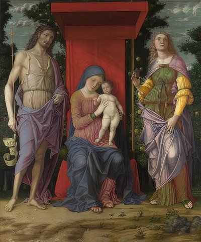 マドンナとチャイルド、洗礼者ヨハネ、マリアマグダレナ。おそらく1490-1505 作： Andrea Mantegna