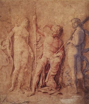 火星、ダイアナ、アイリス (?) 1446-1506 (ペンと茶色のインク、茶色、赤、青のウォッシュ、白で強調、変色した茶色の紙) 作： Andrea Mantegna