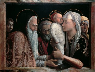 アンドレア・マンテーニャ（1431-1506）の「神殿でのプレゼンテーション」、テンペラ、キャンバス、67x86cm 作： Andrea Mantegna