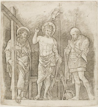 聖アンデレとロンギヌスの間で復活したキリスト 作： Andrea Mantegna