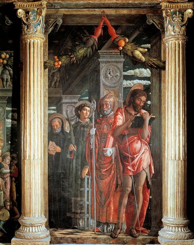 聖人ヨハネとロレンツォと二人の聖人 サン・ゼーノ祭壇画の細部 作： Andrea Mantegna