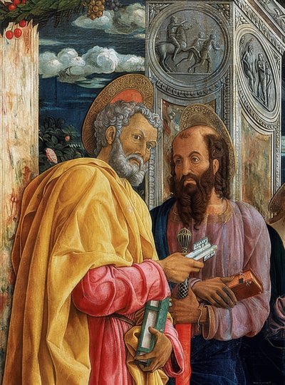 サンゼノ祭壇。左側の詳細。 1457-1460。写真はサイモン・ペトルスとパウルス・フォン・タルスス 作： Andrea Mantegna