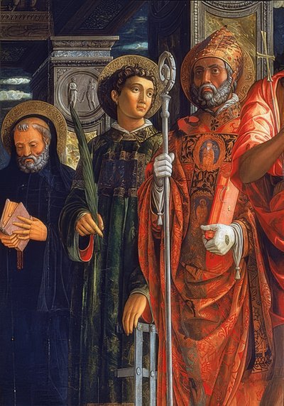 サンゼノ祭壇。右側のディテール。 1457-1460。詳細には、カバのオーガスティン、ローマのローレンティウス、およびヌルシアのベネディクトが示されています。 作： Andrea Mantegna