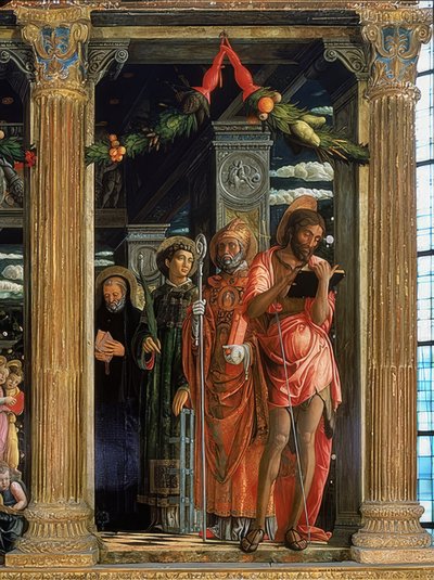 サンゼノ祭壇。右側。 1457-1460。詳細は、洗礼者ヨハネ、ローマのローレンティウス、カバのアウグスティヌス、およびヌルシアのベネディクトを示しています 作： Andrea Mantegna