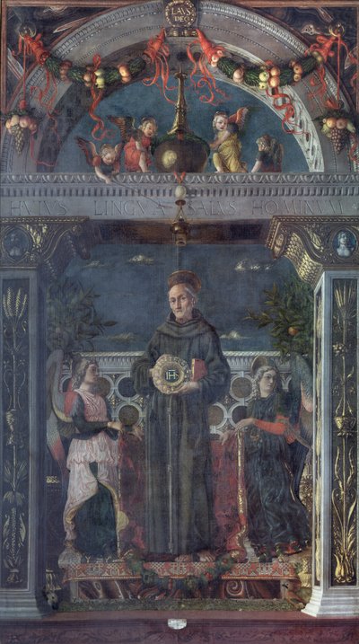 天使とシエナの聖ベルナルディーノ 作： Andrea Mantegna