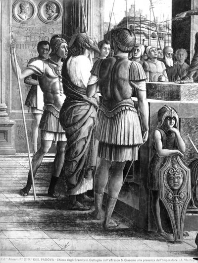 セントジェームス大王がヘロデアグリッパ王の前にもたらした（詳細） 作： Andrea Mantegna
