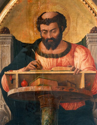 机に向かう聖ルカ、アンドレア・マンテーニャ（1431-1506）の「聖ルカ」祭壇画の細部、木にテンペラ 作： Andrea Mantegna