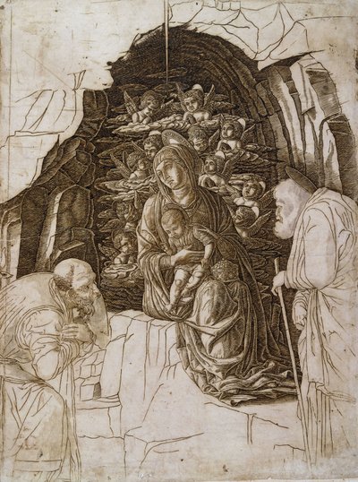 賢者の礼拝：洞窟の聖母、1475-80年 作： Andrea Mantegna