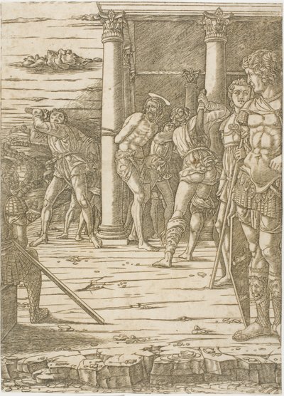 風景の背景を持つキリストの鞭打ち 作： Andrea Mantegna