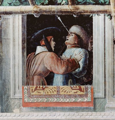 聖クリストファーの殉教、矢で目を通して撃たれた男の詳細、c.1450-56 作： Andrea Mantegna