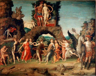 パルナッソス（アポロと9人の女神）」（テンペラ、金、キャンバス 作： Andrea Mantegna