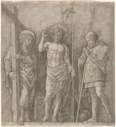 聖アンドリューとロンギヌスの間の復活したキリスト 作： Andrea Mantegna