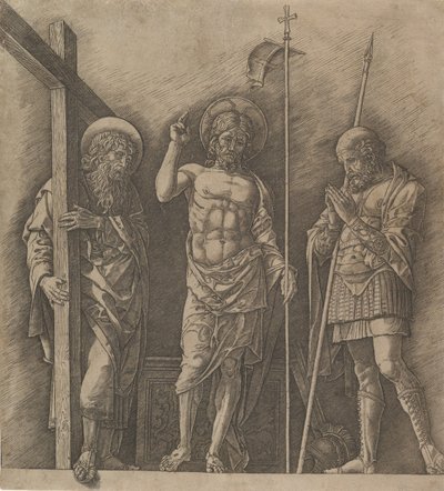 セントアンドリューとセントロンギヌスの間の復活したキリスト1472年。 作： Andrea Mantegna