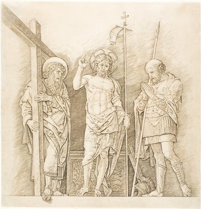 聖アンデレとロンギヌスの間の復活したキリスト 作： Andrea Mantegna