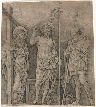 聖アンドリューとロンギヌスの間の復活したキリスト 作： Andrea Mantegna