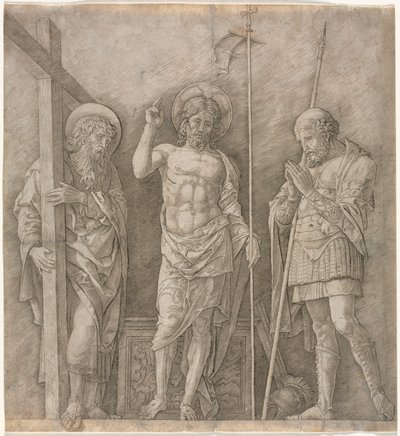 聖アンドリューとロンギヌスの間の復活したキリスト 作： Andrea Mantegna