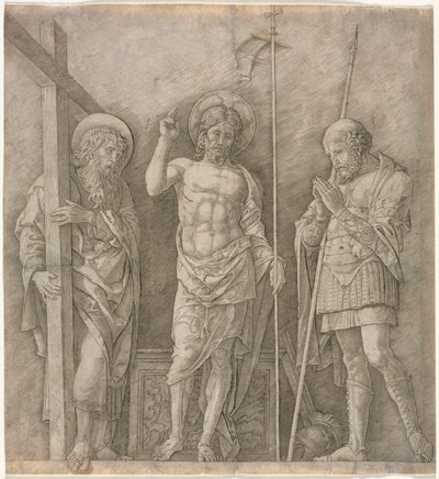 セントアンドリューとロンギヌスの間の復活したキリスト、1470年代初頭。 作： Andrea Mantegna
