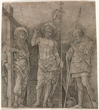セントアンドリューとロンギヌスの間の復活したキリスト、1470年代初頭。 作： Andrea Mantegna