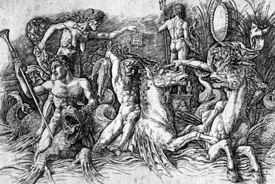 アンドレア・マンテーニャ（1431-1506）の「海の神々の戦い」、エングレーヴィング。詳細 作： Andrea Mantegna