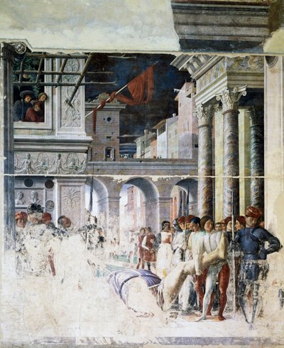 聖クリストファーの斬首体の輸送、聖クリストファーの殉教の詳細 作： Andrea Mantegna