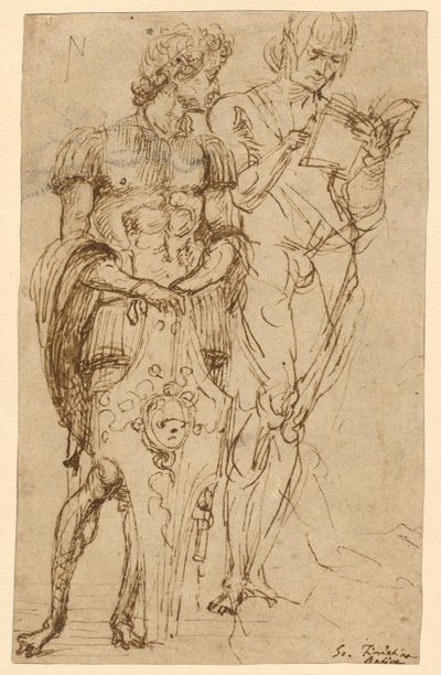 立つ2人の男性像（レクト）；倚りかかる男と他の習作（裏面） 作： Andrea Mantegna