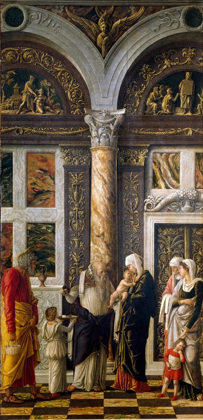 Uffizi polyptic:"割礼" 右の部分。アンドレア・マンテーニャ（1431-1506）による木の上のデトレンペ（1464-1470）。ディム。86x42.5 cm フィレンツェ、ウフィツィ美術館（オフィス 作： Andrea Mantegna