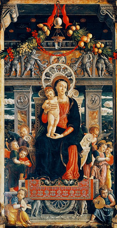 アンドレア・マンテーニャ（1431-1506）作「サン・ゼーノの祭壇画」の中央部分からのディテール「戴冠した聖母」、木材、220x115cm、ヴェローナのサン・ゼーノ大聖堂 作： Andrea Mantegna