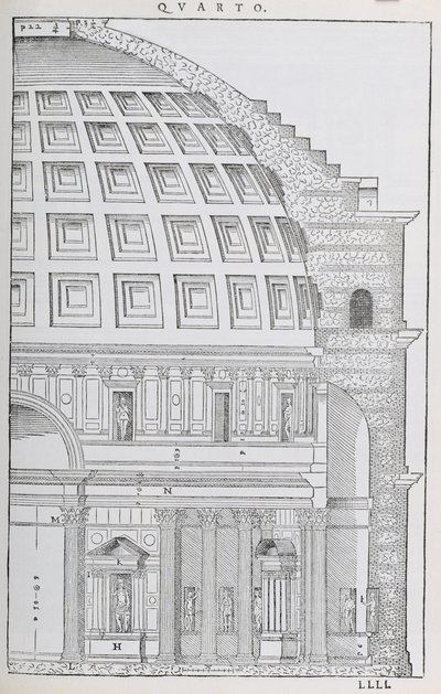 パンデオンの断面図、最初に1570年に出版された、Palladioによって書かれた「I Quattro Libri dell&39;Architettura」のファクシミリコピーからの図 作： Andrea Palladio