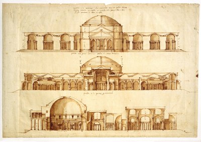 アグリッパ浴場の再建プロジェクト、ローマ、c。 1550 作： Andrea Palladio