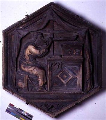 音楽、七つの教養を描いたシリーズの六角形の装飾的なレリーフタイル、ジョット（c.1266-1337）のデザインに基づくものと思われる 1334-48年頃（大理石） 作： Andrea Pisano