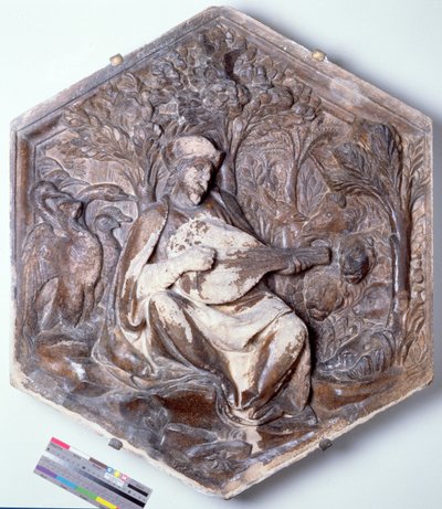 おそらくジョット（c.1266-1337）c.1334-48（大理石）のデザインに基づく、7つの教養を描いたシリーズの六角形の装飾的なレリーフタイル 作： Andrea Pisano