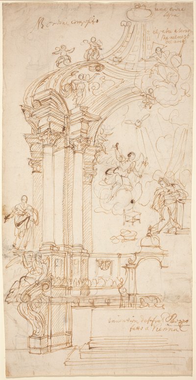 受胎告知の絵を持つバルダチン像 1708年頃またはそれ以降（ペン・インク画） 作： Andrea Pozzo