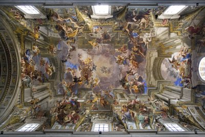 ローマのロヨラの聖イグナチオ教会の地下室、ロヨラのイグナチオの神格化を表すだまし絵のフレスコ画、1685 年にアンドレア・ポッツォ (1642-1709) によって作られたイエズス会の伝道活動の寓話、 17世紀、私 作： Andrea Pozzo