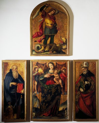 アンドレア・サバティーニ・ダ・サレルノ（1480-1530）の「聖母と聖人たちのポリプティック」は、木に描かれています。 作： Andrea Sabatini