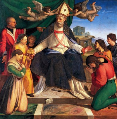 アンドレア・サバティーニ（1484年頃～1530年頃）の「聖ニコラス・オブ・バーリ」は、油彩・キャンバスです。 作： Andrea Sabatini