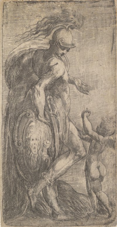 シールドに寄りかかって左に立っている火星、右にキューピッド、およそ。 1542-46。 作： Andrea Schiavone