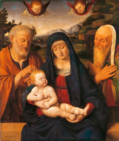 アンドレア・ソラリオ（1470-1524）による聖ヨセフとシメオンのマドンナと子供、パネルにテンペラと油彩、キャンバスに転写 作： Andrea Solario