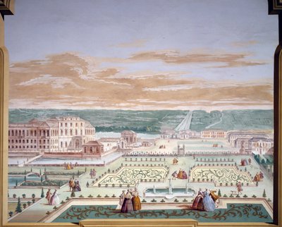アンドレア・ウルバーニ（1711-1798）によるヴェネト州ストラのヴィラ・ピサーニのフレスコ画「別荘と想像上の庭の透視図イタリア 作： Andrea Urbani