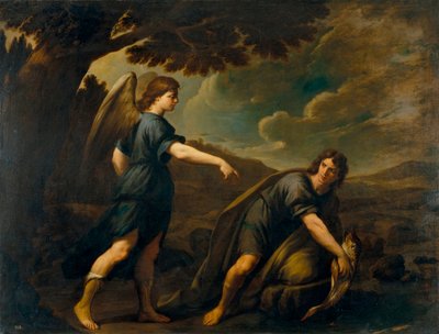 天使とトビアスと魚 - Andrea Vaccaro (1604-1670) 作、キャンバスに油彩 (199.5x262 cm)、1640 年頃、イタリア美術 作： Andrea Vaccaro