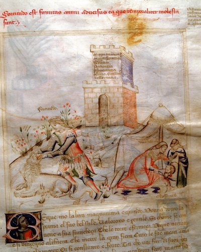 バルトロメオ・ディ・バートリの「Chansonne des sept Vertus et des sept arts liberaux destinee a Bruzio Visconti（La Canzone delle Virtu e delle Scienze）」の中で、サムソンがライオンを引き裂き、ユディットがホロフェルネの首を切るという勇気の寓意。アンドレによる水彩画 作： Andrea de Bartoli