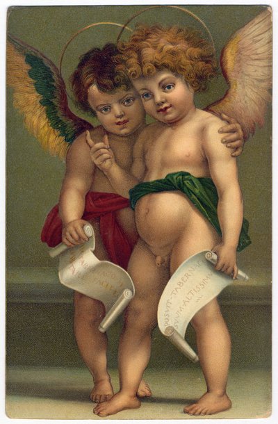 二人の天使。画家アンドレア・デル・サルト（1486-1530）の後の敬虔なイメージ、ドレスデン、1910年頃（クロモリトグラフ 作： Andrea del (after) Sarto