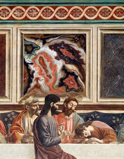 最後の晩餐、眠っているペテロ、イエス、ヨハネの詳細、ユダと（フレスコ画 作： Andrea del Castagno